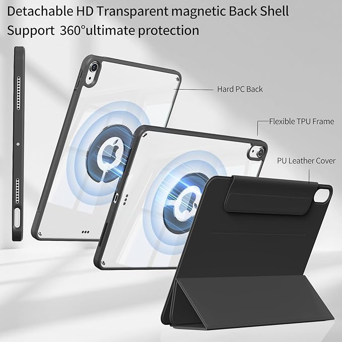 KENKE Magnetic Case for iPad A16 11th/10th Generation (11/10.9 Inch 2025/2022) with Pencil Holder Magnetic Detachable Hybrid Stand Clear Hard PC Back Shell Portrait/Landscape Angle Black