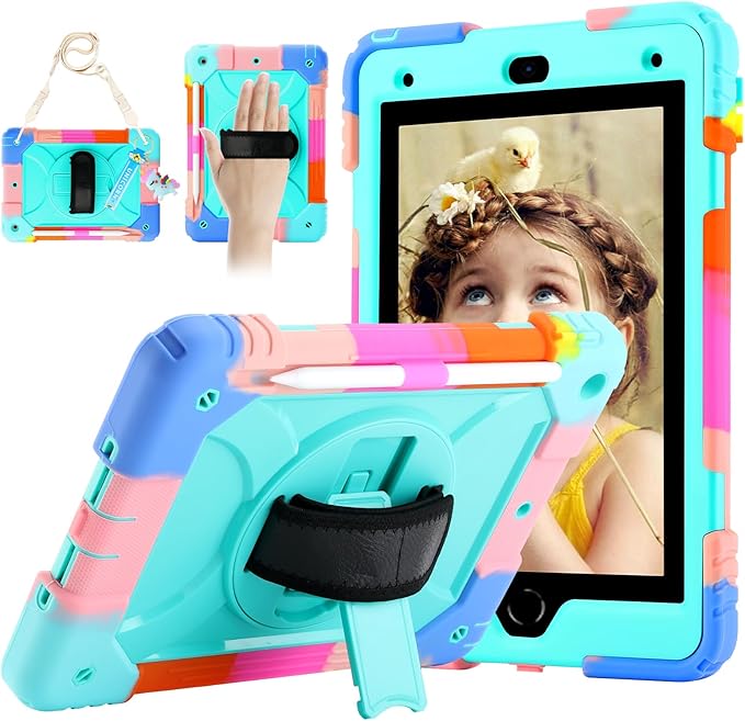 for iPad 9th/8th/7th Generation CaseiPad 10.2 Case 2021/2020/2019 with Cute Key Chain Rugged Protective Case with 360°Rotating Stand &amp Shoulder Hand Strap &amp Pen Slot for 10.2 Inch (Rainbow