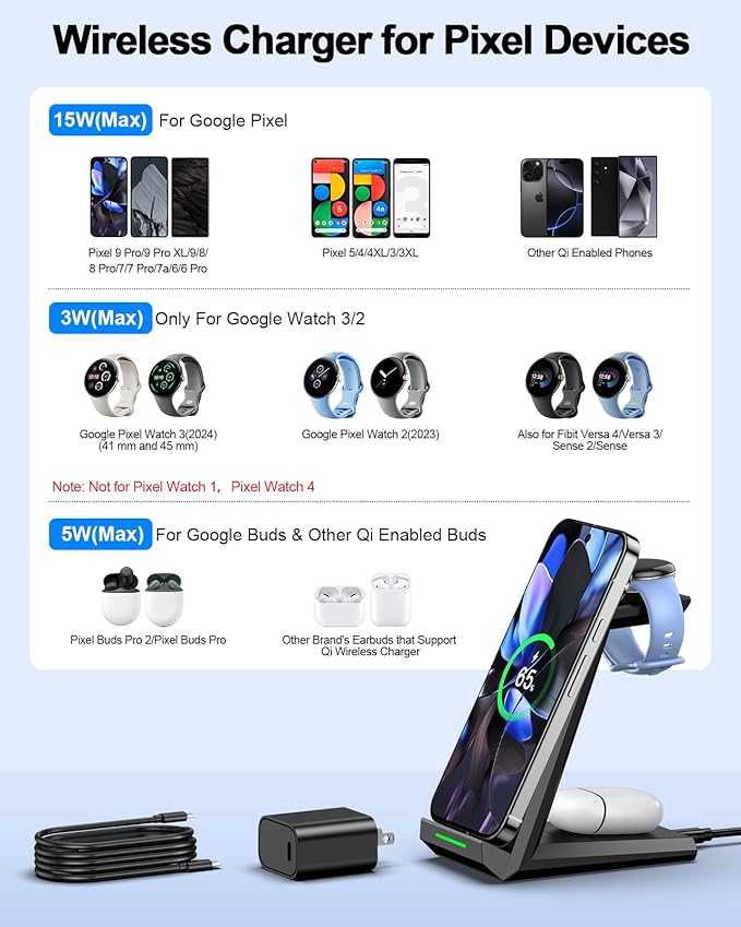 NANAMI Wireless Charger for Google - 3 in 1 Wireless Charging Station Fast Charger Stand Dock for Pixel 9/9 Pro XL/Fold/8/7Buds Pro 2/Pro Watch 3/2Fitbit Versa 4/Sense 2(Not for Pixel Watch 1/4)