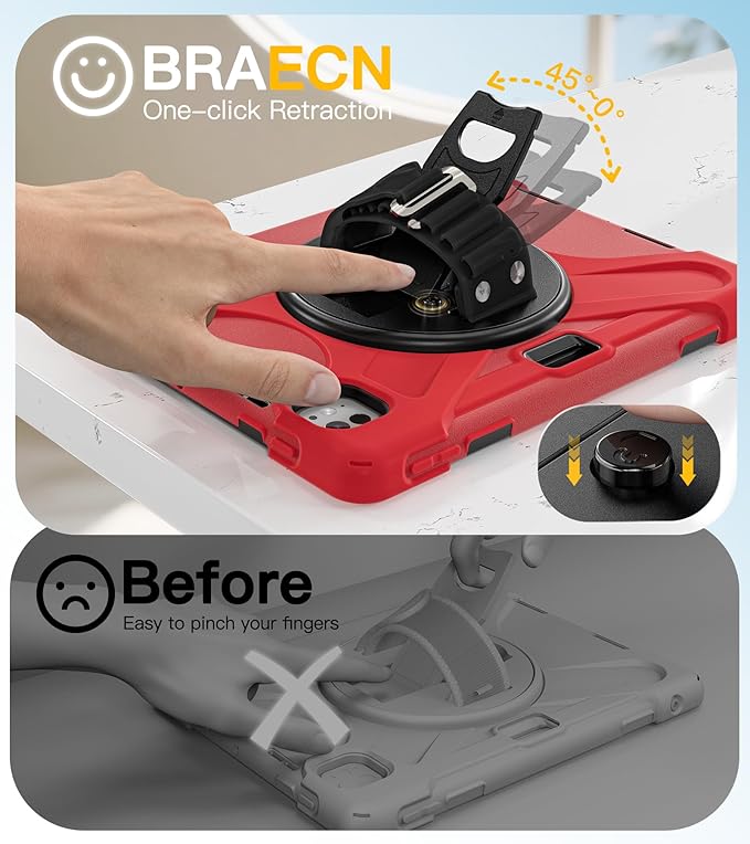 BRAECN Case for iPad Pro 11 inch M5 2025 &amp M4 2024 4 Layers Heavy Duty Full-Body Protection Screen Protector Pencil Holder 360° Rotating Handle Kickstand Shoulder Strap Kids Friendly