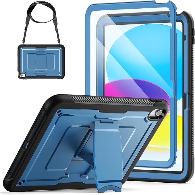 SEYMAC stock Case for iPad (A16) 11th/10th Generation 11''/10.9'' 2025/2022 with Built-in Screen Protector Shoulder Strap Built-in Kickstand Rugged Full Body Shockproof Protective Case Navy Blue