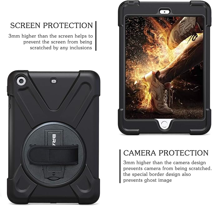 BRAECN Case for iPad mini 1/2/3Heavy Duty [Shock Proof for Kids Cover] with 360 Degrees Rotating Stand&ampHand Strap/Shoulder Strap for iPad mini 1st/2nd/3rd 7.9 inch-Black