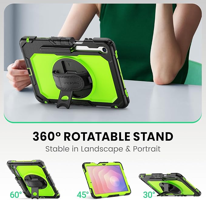 SEYMAC Case for Samsung Galaxy Tab S11 5G 2025 11 Inch Heavy Duty Shockproof Protective Case with Screen Protector 360° Rotating Stand Hand/Shoulder Strap and Pen Holder Green