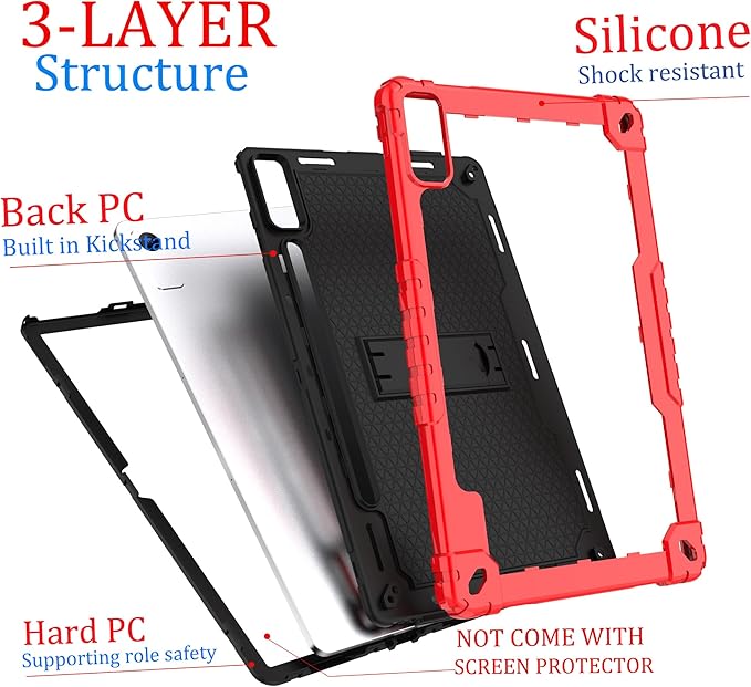 Case for Lenovo Tab P12 12.7 Inches Tablet Case Shockproof Hybrid Kids Case with Screeen Protector for Lenovo tab P12/Xiaoxin Pad Pro 12.7 Tablet Case TB370FU/TB371FC (Red/Black/2 PCS)