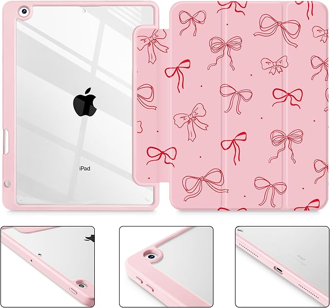 for iPad 9th Generation with Pencil Holder iPad 8th/7th Gen Case 10.2-inch [Built in Pencil Holder] Trifold Stand Auto Wake/Sleep Clear TPU Protection Back Cover Pink Bows