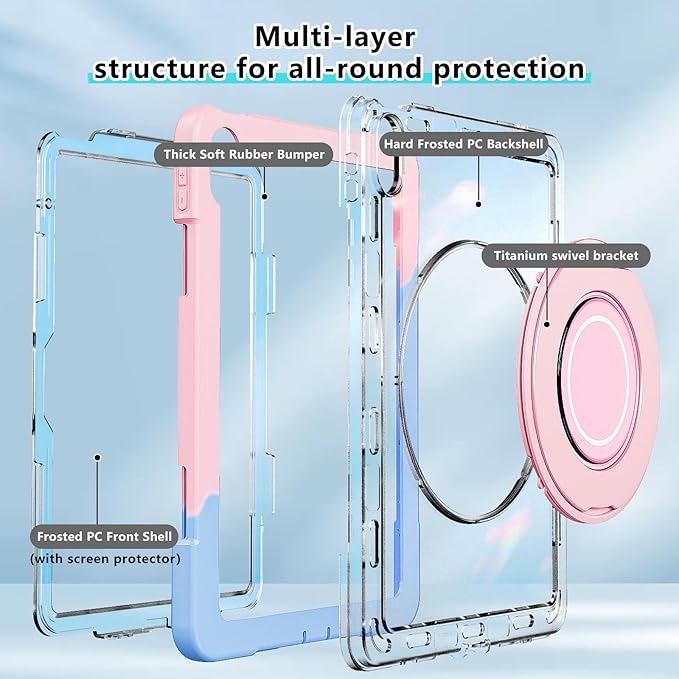 Case for iPad (A16) 11th /10th Generation 11 Inch 2025/10.9 inch 2022with Screen Protector360 Rotating Metal StandClear BackHeavy Duty Shockproof for Kids Case Blue-Pink