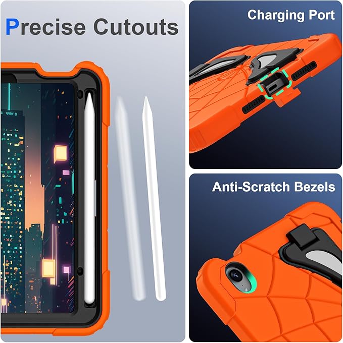 Kids Case for iPad mini 7 A17 Pro 2024/ Mini 6 8.3 inch Spider Case for iPad mini 7th 6th Generation Shockproof Durable Full Protective Cover with Pencil Holder Kickstand (Orange+Black)
