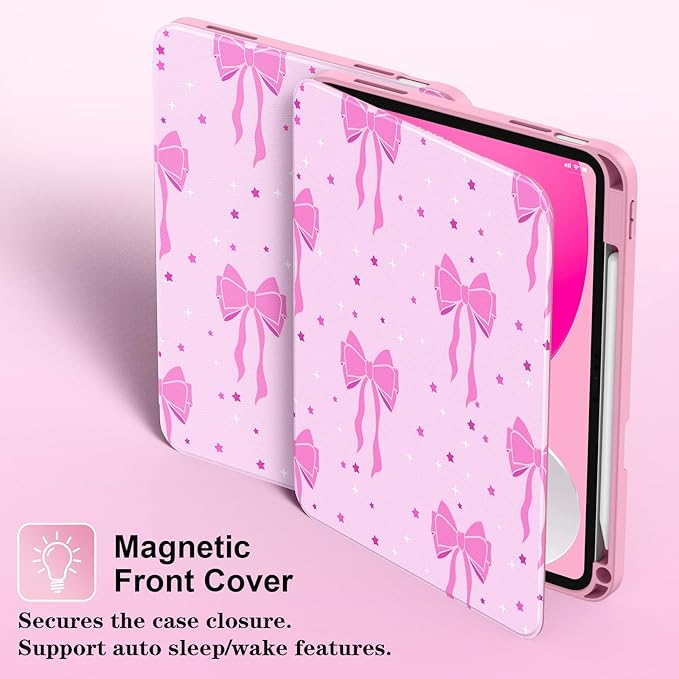 Supveco Case for iPad (A16) 11th Generation 11 inch (2025)iPad 10th Generation 10.9 inch (2022) with Pencil HolderPremium Folio Stand Case with Soft TPU Back CoverAuto Wake/Sleep-Pink Bows
