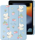 Cute Kawaii Bunny Strawberry for iPad (A16) 11th Generation Case 11 Inch 2025 for iPad 10th Generation Case 10.9 Inch 2022 with Pencil Holder Auto Sleep/Wake Blue Leather Clear Acrylic Back Cover