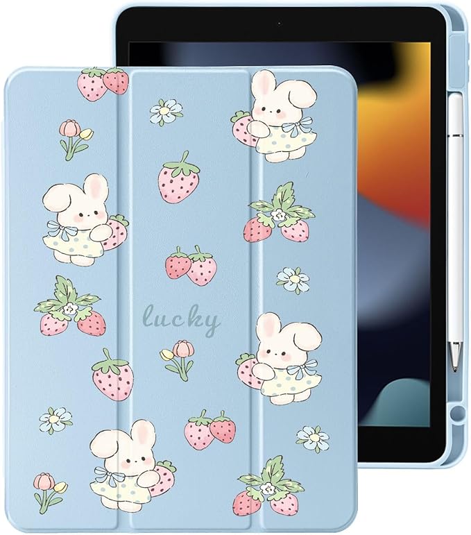 Cute Kawaii Bunny Strawberry for iPad (A16) 11th Generation Case 11 Inch 2025 for iPad 10th Generation Case 10.9 Inch 2022 with Pencil Holder Auto Sleep/Wake Blue Leather Clear Acrylic Back Cover