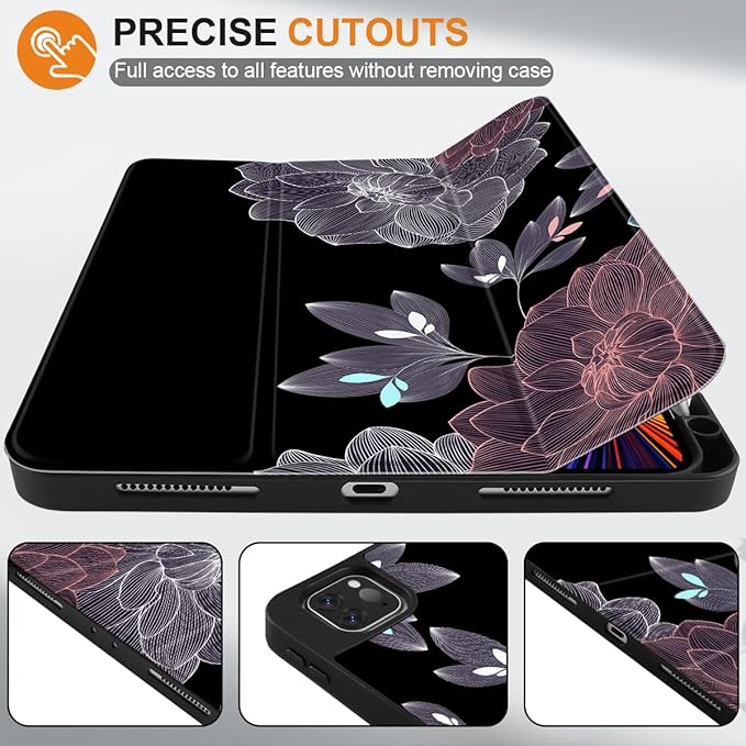 DONGKE Case for iPad Pro 12.9 inch 6th Generation 2022 Built-in Pencil Holder + Trifold Stand + Auto Wake/Sleep + Protective Cover for iPad Pro 12.9 5th/4th/3rd Gen - Elegant Flowers