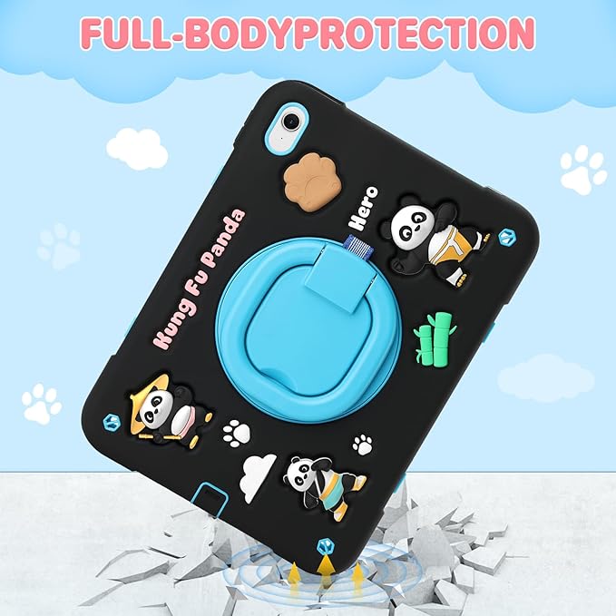 for iPad (A16) 11th Generation Case Kids iPad 10th Generation with Screen Protector Rugged Protective Cartoon 3D Panda Warrior Cover with Rotating Stand/Strap/Pen Slot for Kids Teens (Black+Blue)