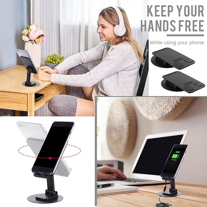 Geelin 50 Pieces 360 Black Rotating Phone Stand Desktop Fully Adjustable Foldable Phone Holder with Anti-Slip Pad Lightweight Aluminum Base Tablet Stand for All Phones