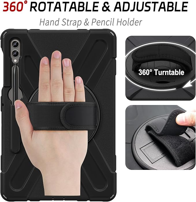 ZenRich Rugged Case for Samsung Galaxy Tab S10 Plus/S9FE Plus/S9 Plus 12.4 inch Galaxy Tab 12.4 Case with S Pen Holder 360 Ratable Stand Hand Strap Shoulder Belt