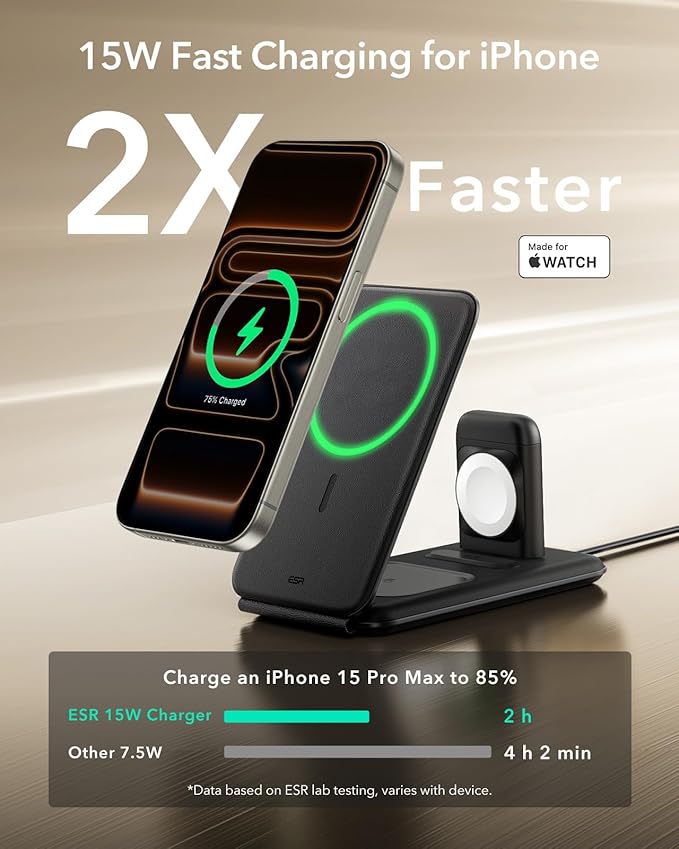 ESR 3 in 1 Charging Station for Apple Certified Apple Watch Charger 15W MagSafe Charger Stand for iPhone Travel Charger for iPhone 17/16/15/14/13 Watch AirPodsBlack