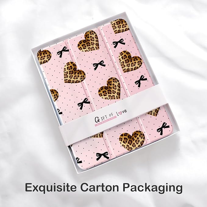 Cute Leopard Print Heart Bow for iPad Air 11 Inch Case 7th/6th Generation (M3/M2) 2025/2024 with Pencil Holder Auto Sleep/Wake Pink Leather Clear Acrylic Back Cover