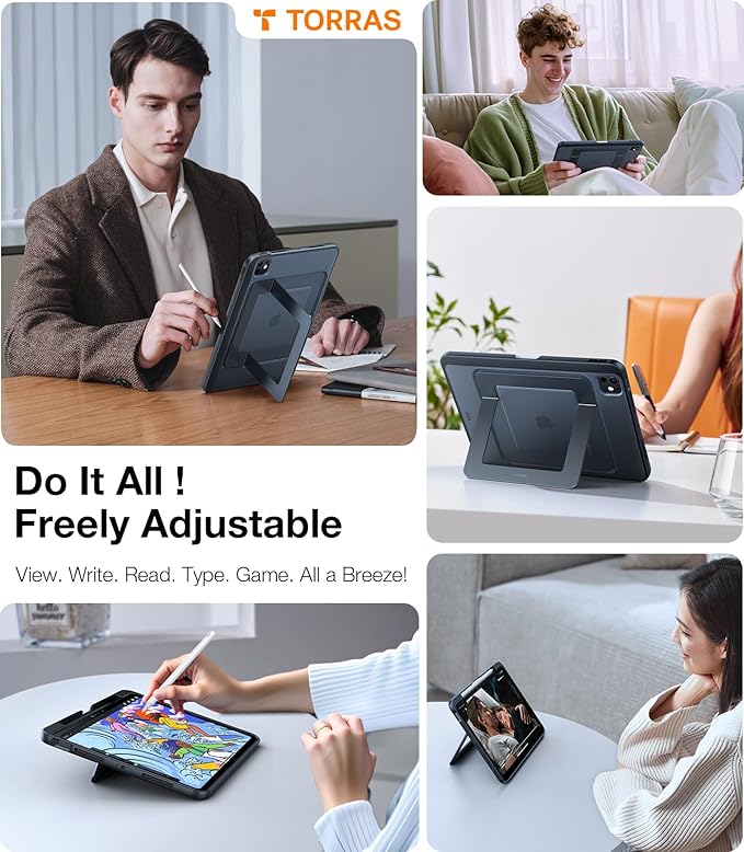 TORRAS Ostand K1 Guardian for iPad Pro 11 inch Case M5 2025 &amp 2024 M4 Ultra Stable Stand Multiple Adjustable Viewing Angles Slim Protective Kickstand iPad Pro 11 Case with Pencil Holder Blue