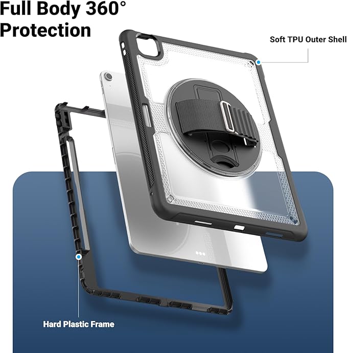 Batianda Case for iPad Air 13-inch 2025 M3 2024 M2 Chip Multilayered Rugged Durable Shockproof Tablet Cover with 360° Rotating Hand Strap Foldable Hidden Stand Transparent