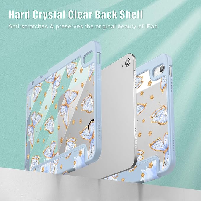 Tuiklol Case for iPad 11 inch (A16 Chip) 2025 Gen 11th / iPad 10.9 inch 2022 10th Gen Buit in Pencil Holder with Shockproof Cover Clear Transparent Back Shell Auto Wake/SleepBlue Butterfly