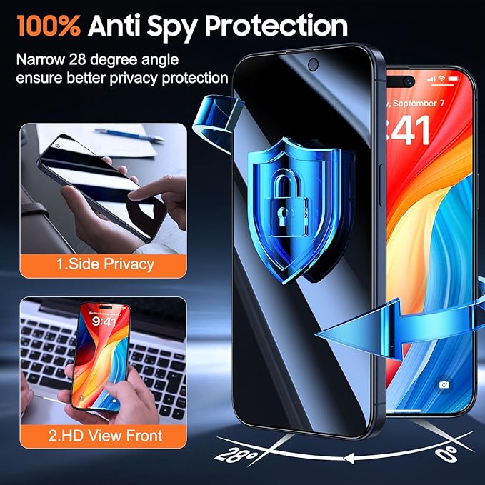 UniqueMe for iPhone 15 Pro Privacy Screen Protector [Military Grade Shatterproof &amp 9H+ Hardness] Screen Protector 15 Pro Tempered Glass Full Coverage Protection Easy to install 2 Packs