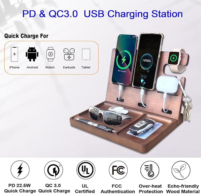 Wood Phone Docking Station Nightstand Organizer Charging Station with QC 3.0 &amp PD22.5W USB C Charger Fast Charging for iPhone Samsung Android Watch Airpod Anniversary Birthday Gifts for Men