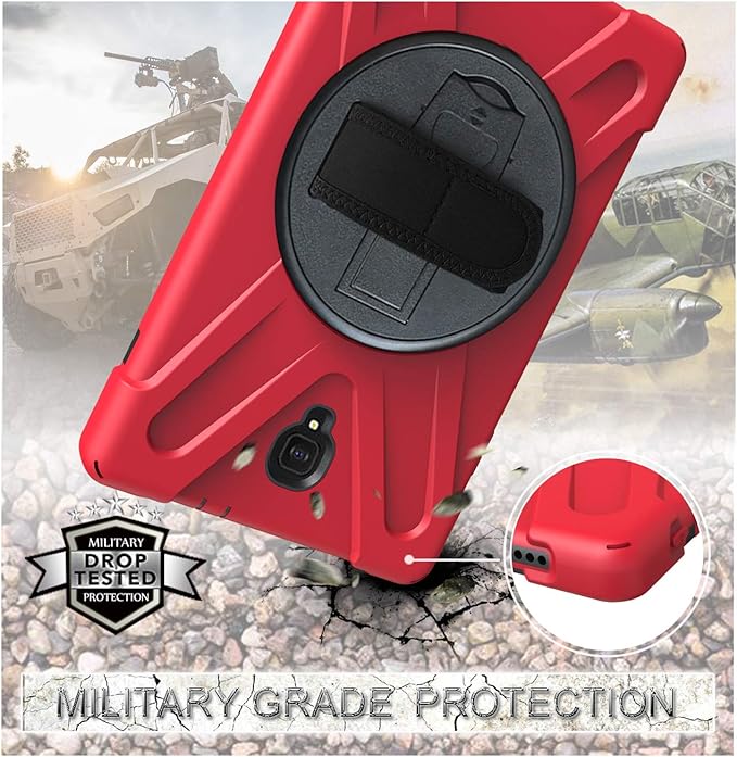 Rugged Case for Samsung Galaxy Tab A 10.5 2018 (SM-T590/T595/T597) Portable Hybrid Shock-Proof Cover with 360° Rotatable Hook&ampLoop HandleShoulder Strap (Red)