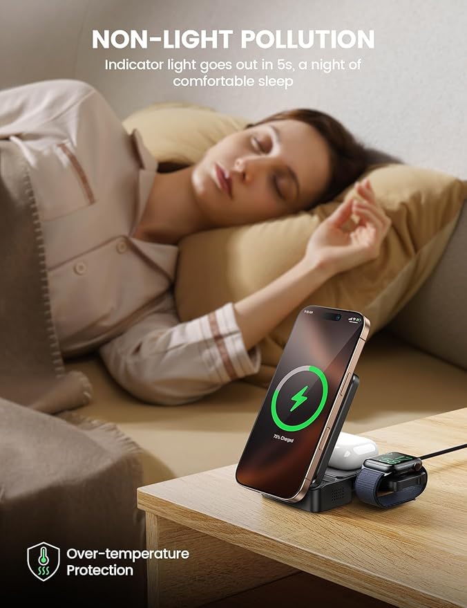 Lamicall Foldable 3 in 1 Wireless Charging Station for Apple MagSafe - [Upgraded Cooling &amp Reliability] Compact Travel Magnetic Charger Stand for iPhone 17 16 15 14 13 Pro Max AirPods Apple Watc