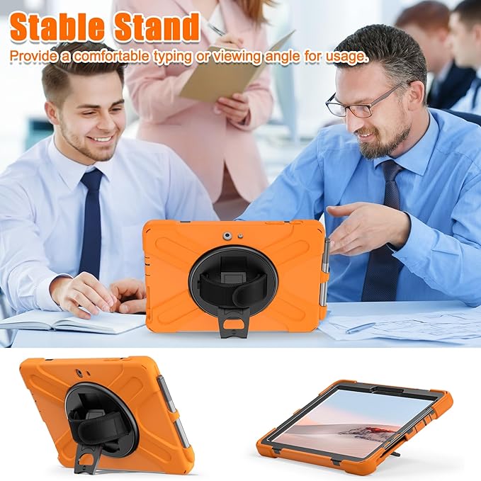 ZenRich Rugged Case for Surface Go with Pen Holder Heavy Duty Shockproof Case with Stand Hand Strap and Shoulder Belt - Orange