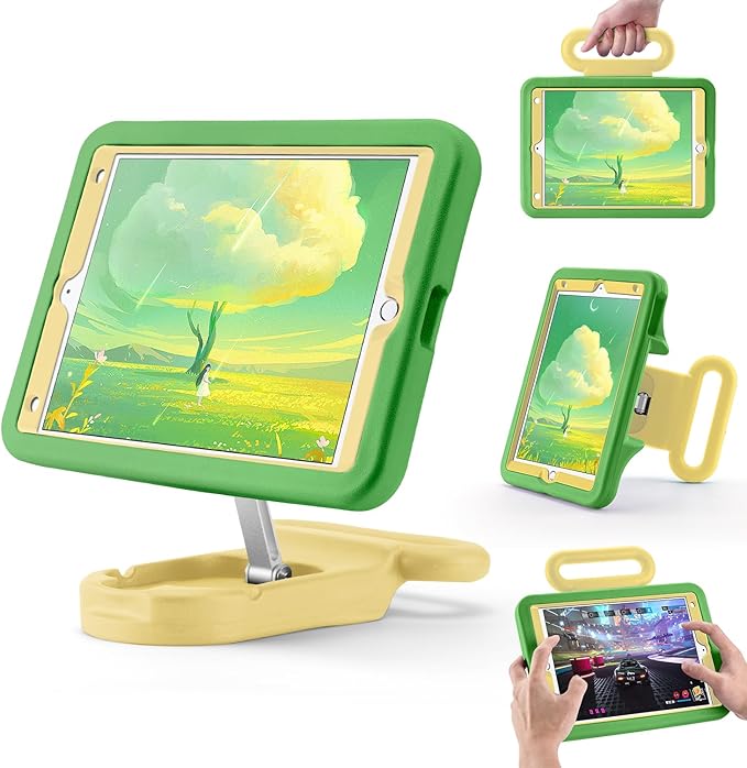 Kids Case for iPad 9th Gen 2021/ iPad 8th Gen 2020/ iPad 7th Gen 2019 Adjustable Portrait/Landscape Stand Drop Proof with HandleChild Friendly Cover for iPad 10.2 Inch (GreenYellow)