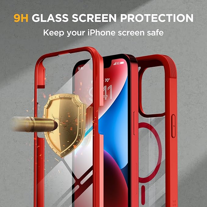 Miracase Glass Series Designed for iPhone 14 Plus Case 6.7 inch 2023 Upgrade Full-Body Magnetic Clear Case with Built-in 9H Tempered Glass Screen ProtectorCompatible with MagSafe Red
