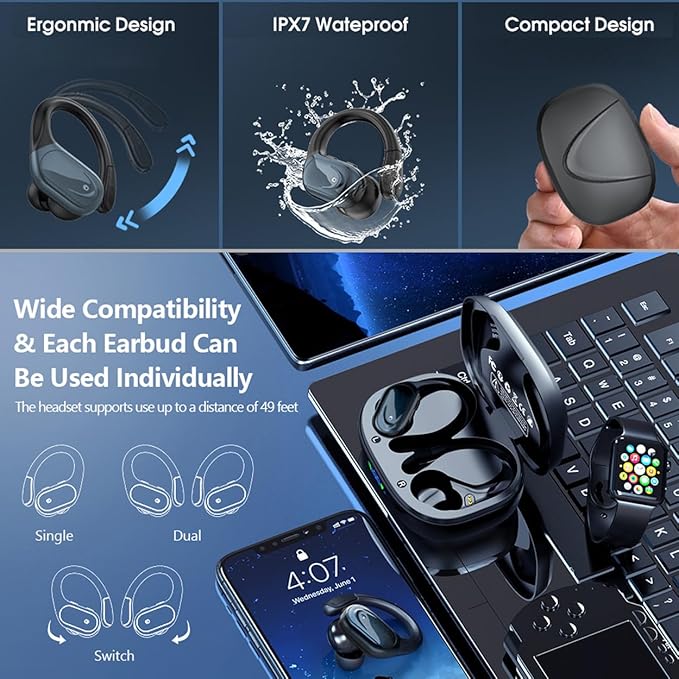 TWS BX 17 Bluetooth 5.3 Wireless Earbuds 48hour Playtime HiFi Headphones Over-Ear Headset Sports IPX7 Waterproof Built-in Microphone Digital Power LED Display Powerful Stereo Bass Earphone (Black)