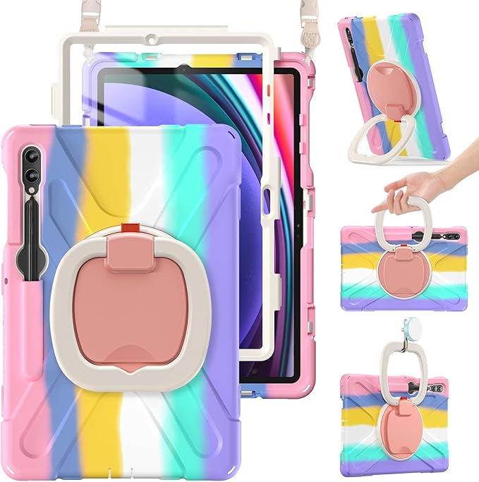BRAECN Case for Samsung Galaxy Tab S10+/S9 FE+/S9+ 12.4 Inch 2024 Rugged Silicone Case w/S Pen Holder Screen Protector Handle Grip/KickstandShoulder Strap for Galaxy Tab S10 Plus Colorful Pink