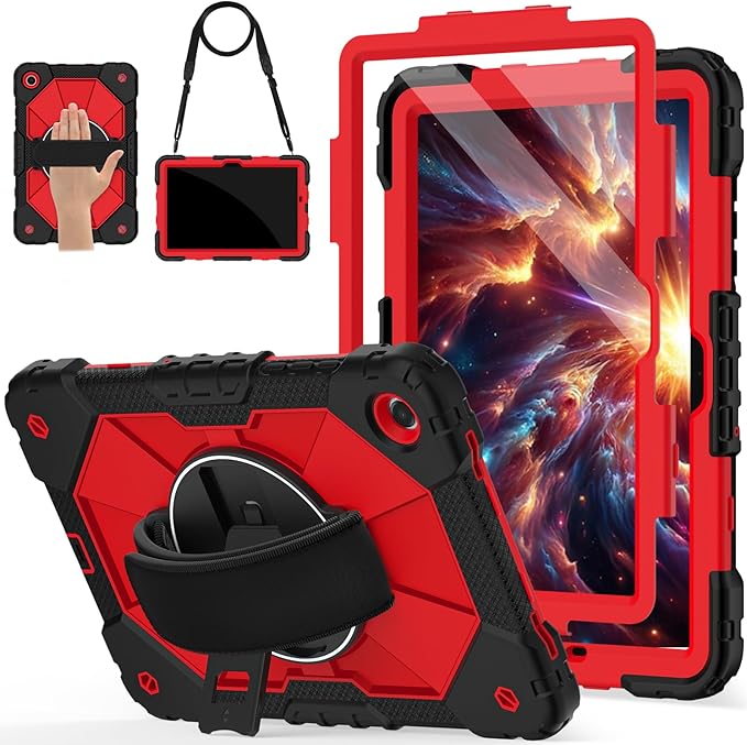 Case for Galaxy Tab A11+ Plus 2025/ A9+ 2023 11 Inch Rugged Samsung Tab A11 Plus Case Galaxy A9+ Tablet Cover with 360 Rotating Hand Strap Stand Shoulder Strap Screen Protector Black Red