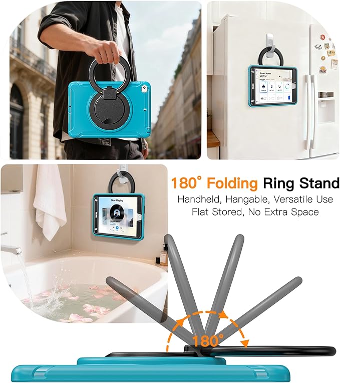 BATYUE Shockproof Case for iPad mini 4/5 (2015/2019) - 360° Multi-Angle Stand (Portrait &amp Landscape) &amp Grip Pencil Holder (Elastic Loop) Multi-Scene for All Ages Lake Blue