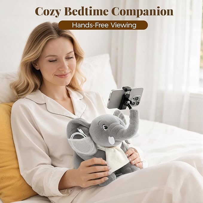 Phone Stand 360°Rotating Desk Phone Stand with 45°Adjustable Trunk Ear Pockets Glasses Cloth Scarf - Plush Phone Holder Back Fits Headphones Cell Phone Stand for desk Bed Sofa Car-Gray/Blue