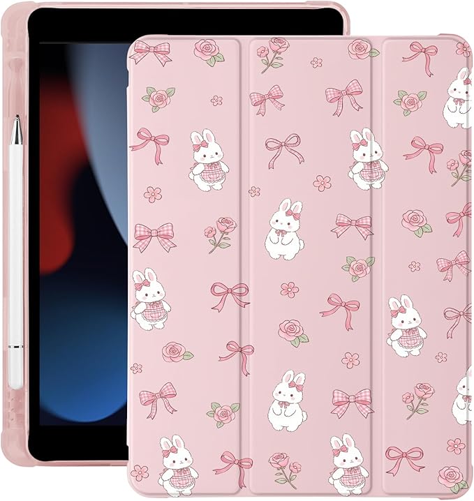 Cute Kawaii Bunny Bow Flower for iPad Air 11 Inch Case 7th/6th Generation (M3/M2) 2025/2024 with Pencil Holder Auto Sleep/Wake Pink Leather Soft TPU Back Cover