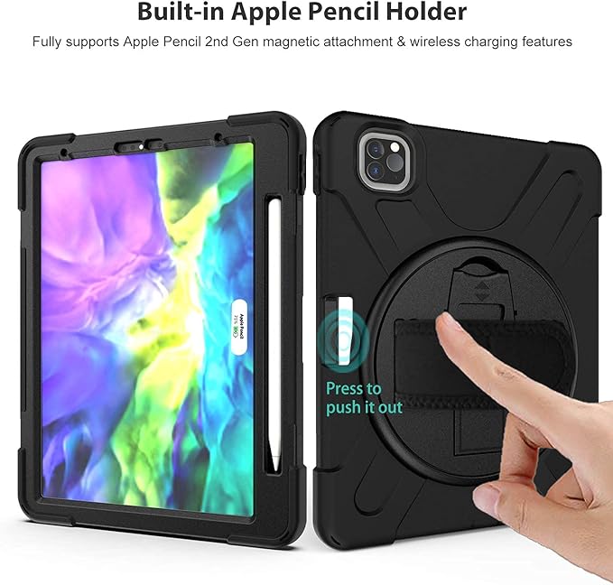 ProCase iPad Pro 11 inch Case 2021 2020 2018 with Apple Pencil Holder Rugged Heavy Duty 360 Rotating Kickstand Protective Cover with Shoulder Strap for iPad Pro 11” 3rd Gen / 2nd Gen / 1st Gen –Black