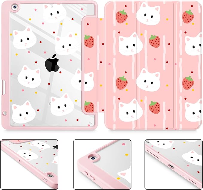 for iPad 9th Generation with Pencil Holder iPad 8th/7th Gen Case 10.2-inch [Built in Pencil Holder] Trifold Stand Auto Wake/Sleep Clear TPU Protection Back Cover Cat Strawberry