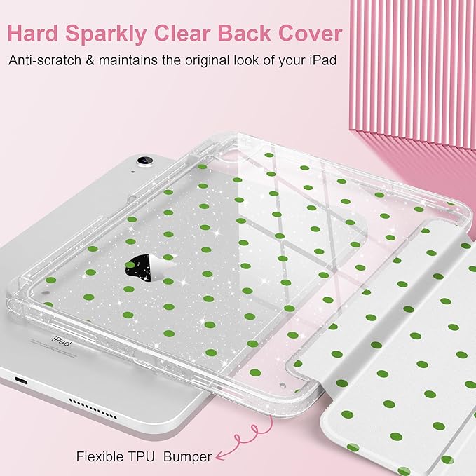 MEEgoodo Case for iPad A16 11th Generation 2025/10th Generation 2022 Glitter Tablet Cases with Transparent Acrylic Back+Trifold Stand +Pencil Holder+Auto Wake/SleepGreen Polka Dots