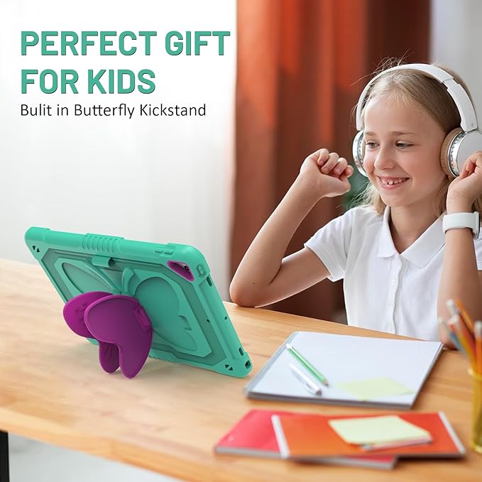 Ambison Case for iPad 9th/8th/7th Generation 10.2 inch with Glass Screen Protector Rugged Shockproof Protective Cover for Kids Girls Butterfly Stand Shoulder Strap for iPad 2021/2020/2019-Mint Green