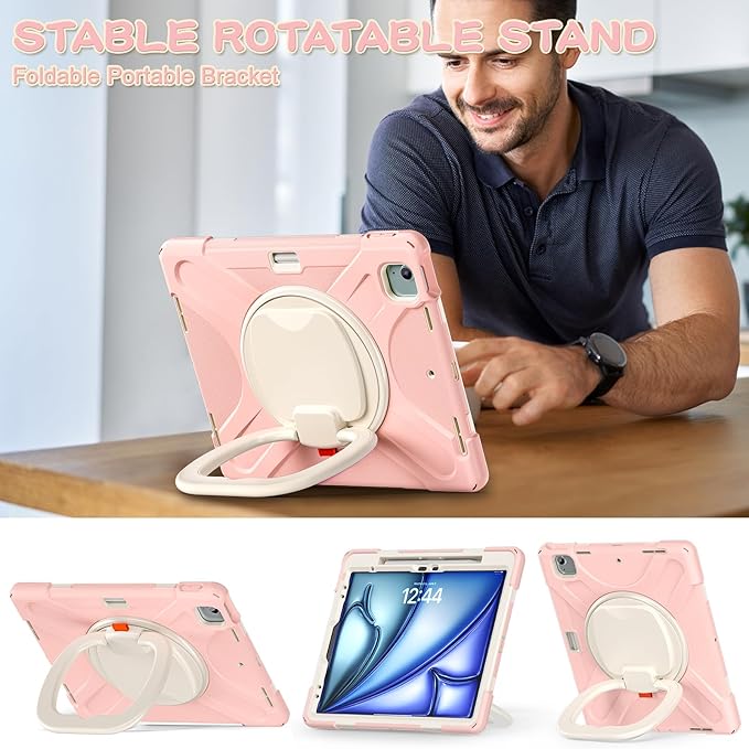 MEEgoodo Case for iPad Air 13 inch 2025 (M3) /2024 (M2) &amp iPad Pro 12.9 Case 6th/5th/4th/3rd Generation 2022 2021 2020 2018 Tablet Cover with Pencil Holder/Rotating Stand/Shoulder Strap Rose Gol