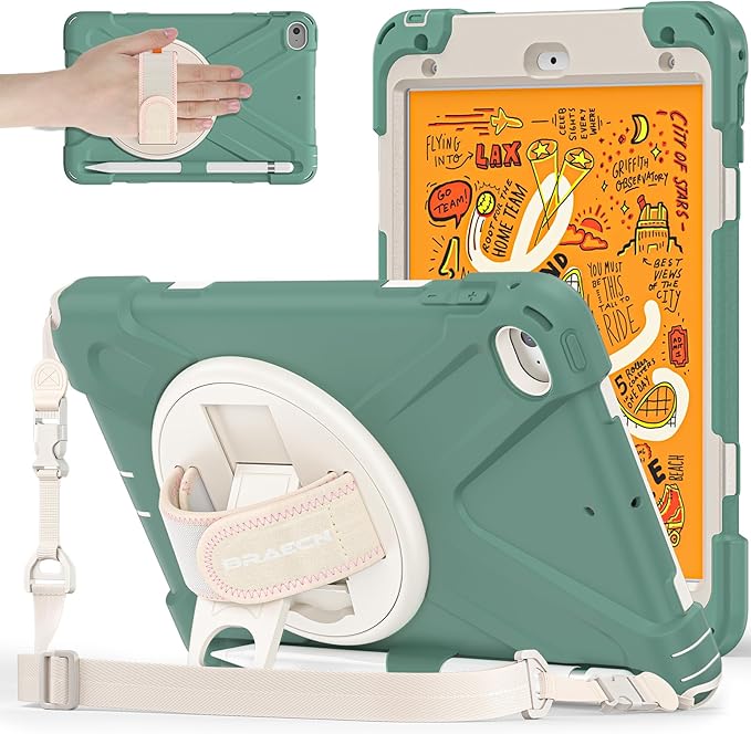 BRAECNstock for Apple iPad mini 5th/ 4th Generation Case 7.9 2019/2015 Shockproof Protective with Pen Holder Rotating Hand Strap &amp Stand Shoulder Strap Case for iPad mini 5/4 Emerald Green