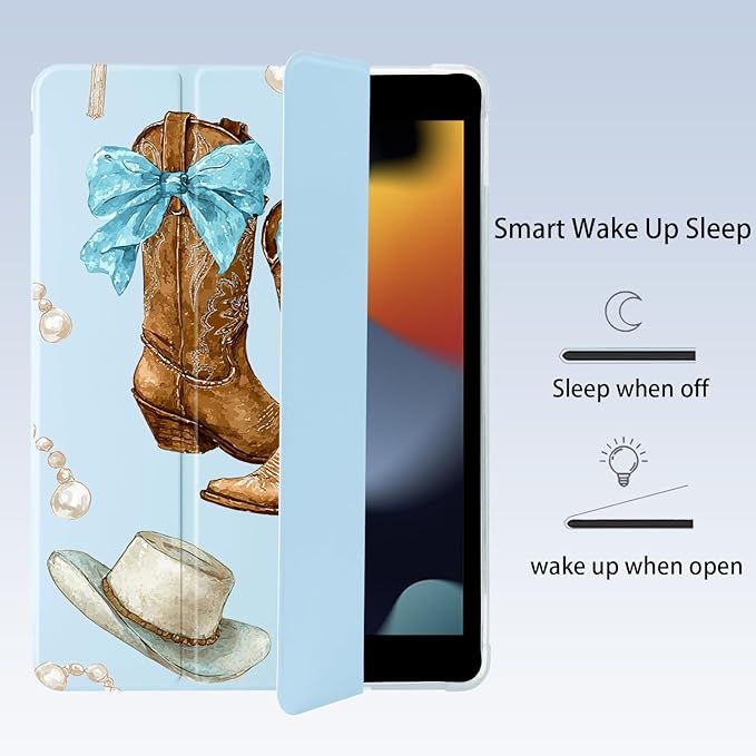 Cowboy Boots Hat Bow Cross for iPad Pro 11 Inch Case 4th/3rd/2nd Generation 2022/2021/2020 with Pencil Holder Auto Sleep/Wake Blue Leather Soft TPU Back Cover