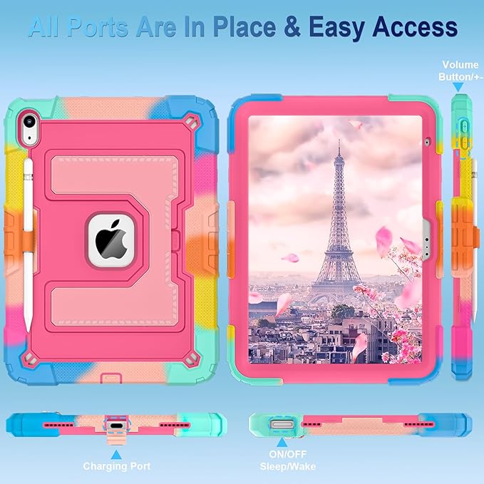 WESOROL Case for iPad A16 11th/10th Generation 2025/2022 with Pencil Holder Shoulder Strap iPad Case 10th Generation Shockproof Cover for iPad 11th/10th Gen CasesColorful Pink
