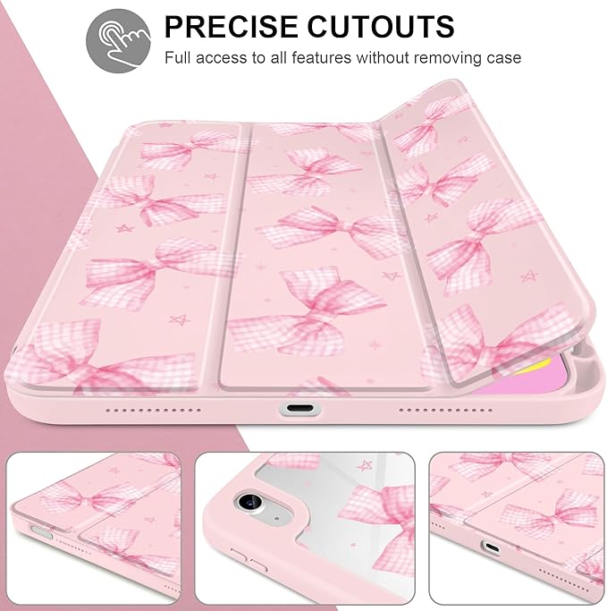 DONGKE Case for iPad (A16) 11th Generation 11 inch 2025 &amp iPad 10th Gen 10.9 inch 2022 [Built-in Pencil Holder] Clear Acrylic Back Trifold Stand Smart Cover Auto Sleep/Wake Gingham Bows