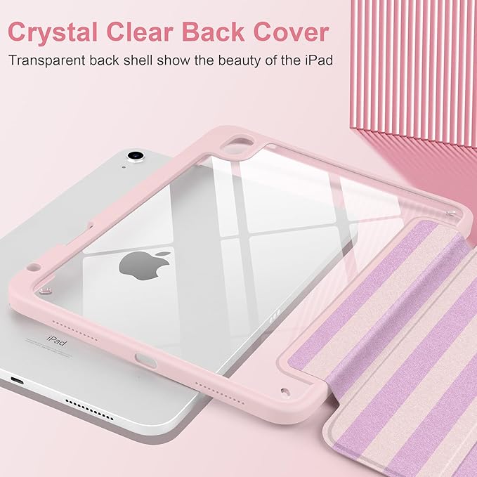 DONGKE Case for iPad (A16) 11th Generation 11 inch 2025 &amp iPad 10th Gen 10.9 inch 2022 [Built-in Pencil Holder] Clear Acrylic Back Trifold Stand Smart Cover Auto Sleep/Wake Pink Stripes