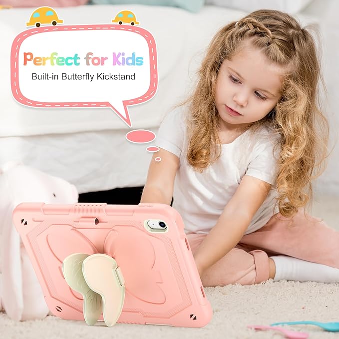 Case for iPad (A16) 11th/10th Generation 2025/2022 11/10.9 for Kids Girls with 9H Tempered Glass Screen Protector Rugged Shockproof Protective with Butterfly Stand Carrying Strap-Rose Pink