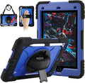 for iPad 6th Generation/iPad 5th Gen/iPad Air 2/iPad Pro 9.7 Case with Cute Key Chain Rugged Protective Case with Rotating Stand &amp Shoulder Hand Strap for iPad 6th/5th/ Air 2 (Black+Blue)