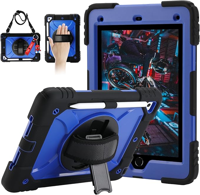 for iPad 6th Generation/iPad 5th Gen/iPad Air 2/iPad Pro 9.7 Case with Cute Key Chain Rugged Protective Case with Rotating Stand &amp Shoulder Hand Strap for iPad 6th/5th/ Air 2 (Black+Blue)