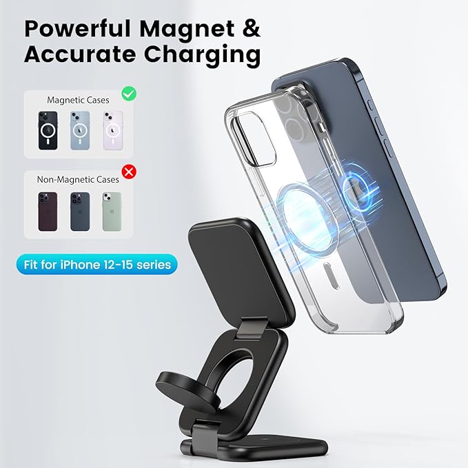 KU XIU X55 Plus 3 in 1 Charging Station for Apple Devices Magnetic Foldable Wireless Charger 15W Fast Charging Pad for iPhone 17/16/15/14/13/12 for Apple Watch for AirPods 4/3/2/Pro- Black